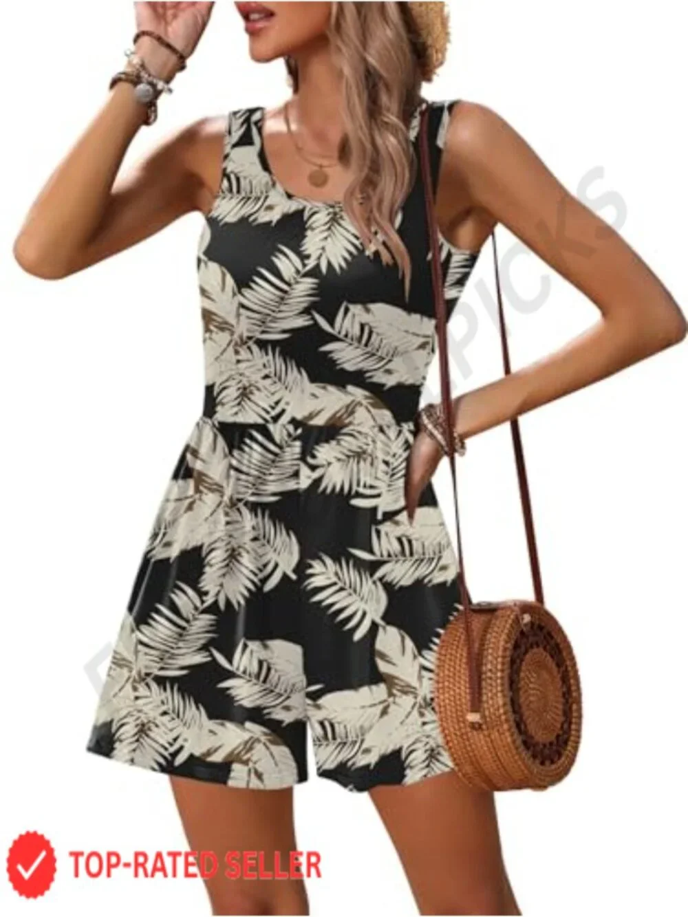 Women's Casual Summer Romper Sleeveless Scoop Neck Short Jumpsuit with Pockets